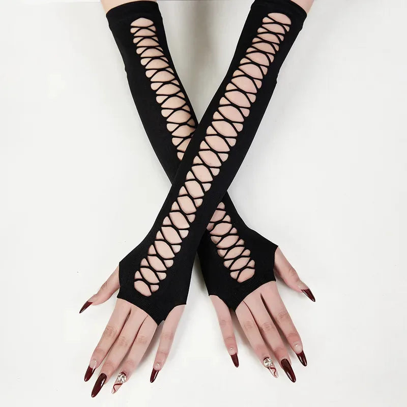 Fingerless Lace Gloves – Sheer Mesh Dot Pattern Style