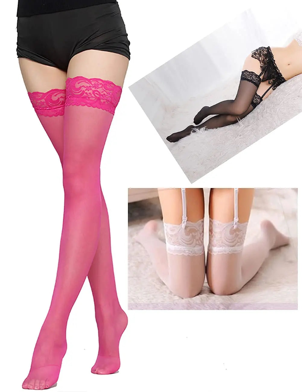 Lace Thigh High Stockings for Women – Sheer Black White Red