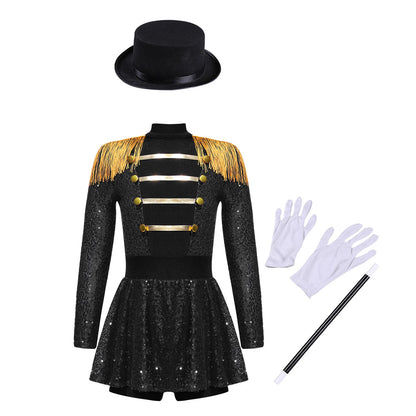 Sequins Girls Magician Circus Performance Costume Outfits Kids Halloween Ringmaster Bodysuit Jumpsuit with Hat Gloves Magic Wand
