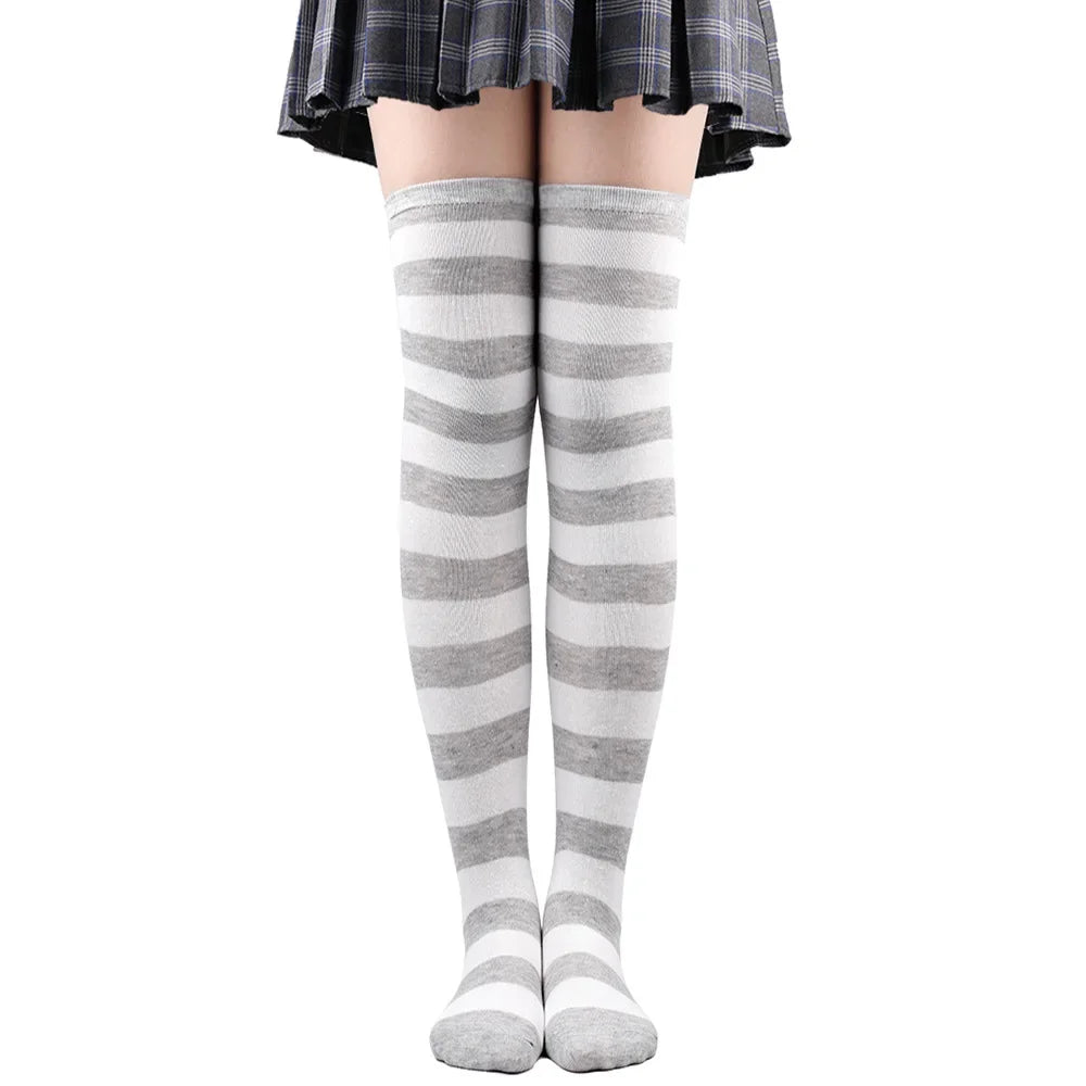 Women’s Striped Thigh High Socks – Black White Pink