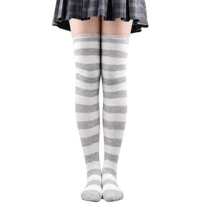 Women’s Striped Thigh High Socks – Black White Pink