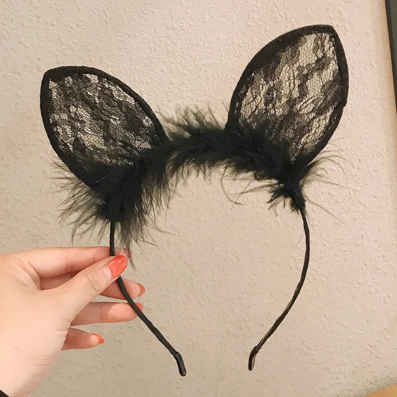 Plush Lace Cat Ears Bell Headband for Women Korean Style Elegant Fashion Girl Hair Band Party Cosplay