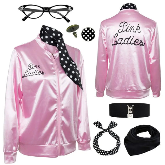 Pink Ladies Grease Cosplay Costume Adult Retro Jacket Fancy Cheerleader Disguise For Women Autumn Coat Halloween Carnival Suit