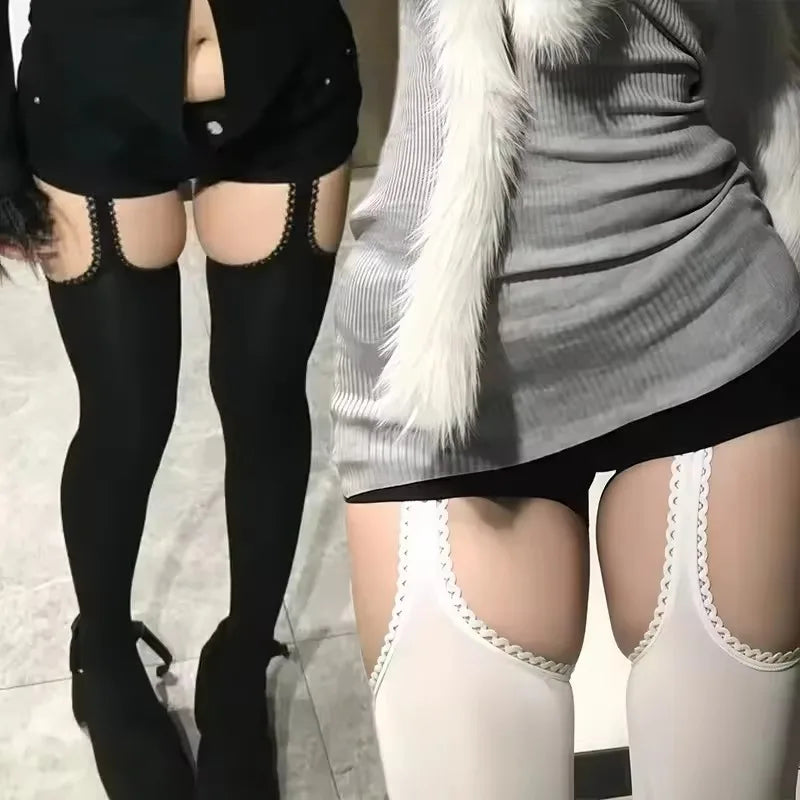 Suspender Black Tights Stockings Womens JK Lolita Y2K Punk High Waist Thigh Suspender Stockings Pantyhose Breathable Long Socks