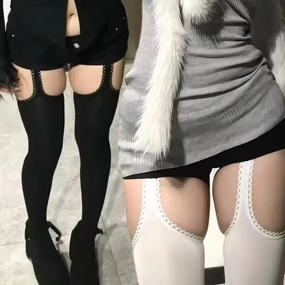 Suspender Black Tights Stockings Womens JK Lolita Y2K Punk High Waist Thigh Suspender Stockings Pantyhose Breathable Long Socks