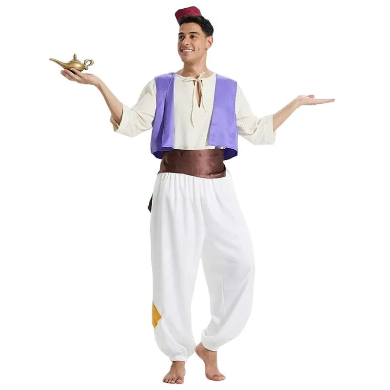 Men's Aladdin Prince Costume Anime Arabian Nights Costume Halloween Cosplay Gift with Magic Lamp Prop Hat Game Performance