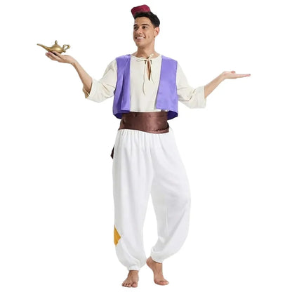 Men's Aladdin Prince Costume Anime Arabian Nights Costume Halloween Cosplay Gift with Magic Lamp Prop Hat Game Performance