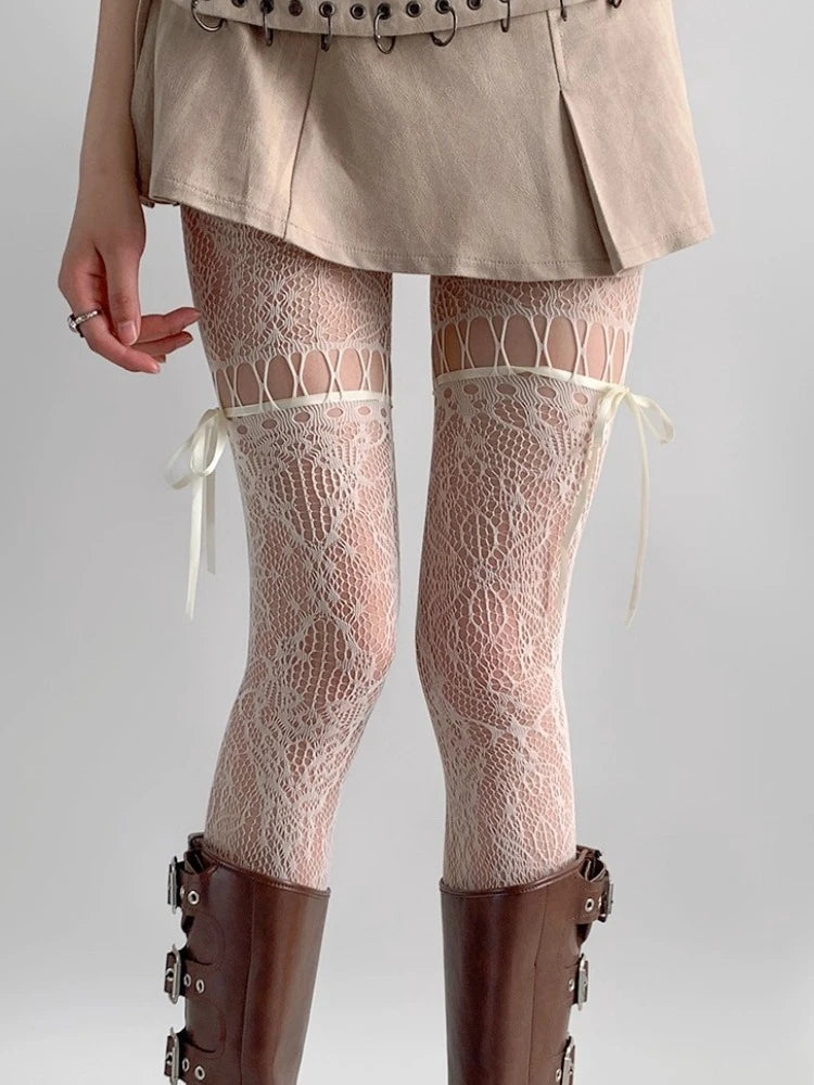 Sheer Mesh Tights for Women – Beige Lace Detail Stockings
