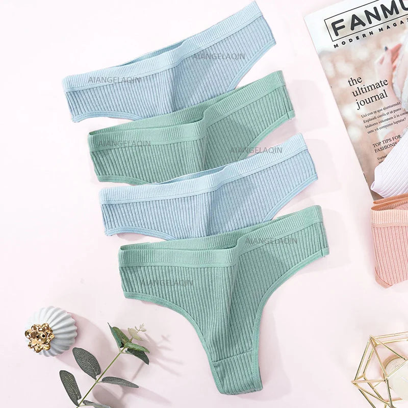 Women’s Cotton Thongs – 4-Piece Striped Underwear Set