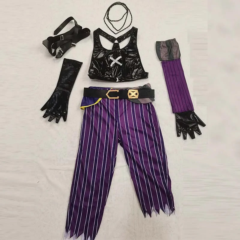 Women Purple Striped Cropped Pants Outfit Set with Gloves Stage Fancy Dress Costume for Halloween Carnival Comic-Con Cosplay