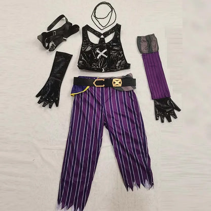 Women Purple Striped Cropped Pants Outfit Set with Gloves Stage Fancy Dress Costume for Halloween Carnival Comic-Con Cosplay