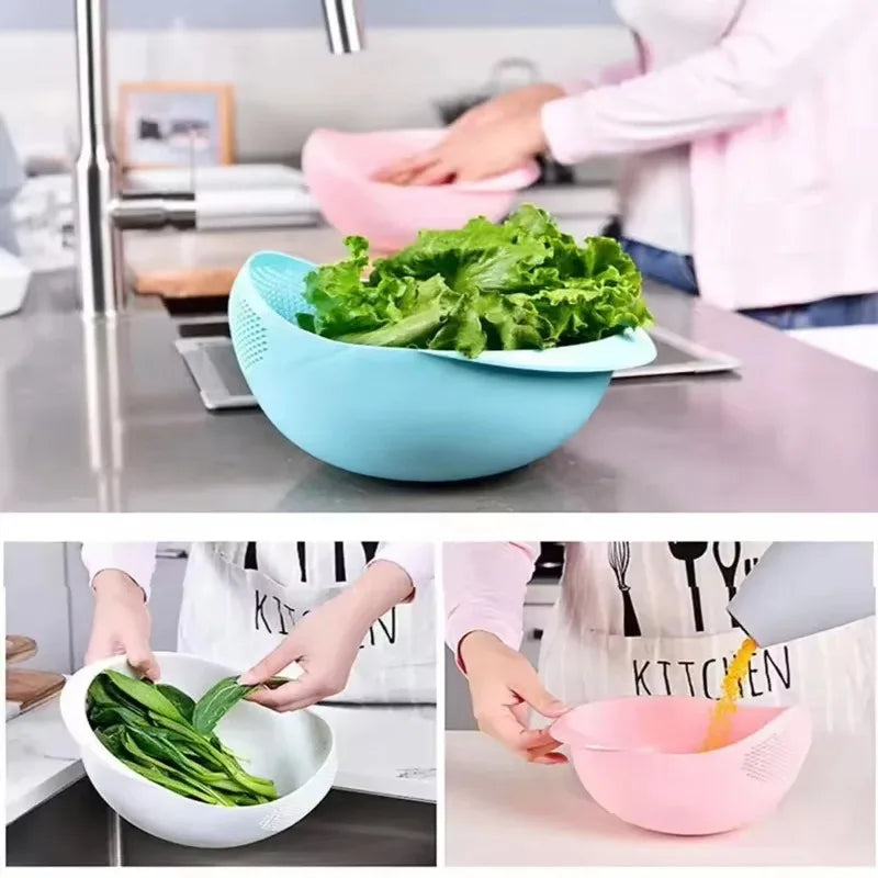 Silicone Colander Rice Washing Bowl with Handle