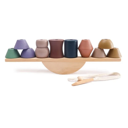 Wooden Montessori Threading Toy with Animal Beads & Balance Board
