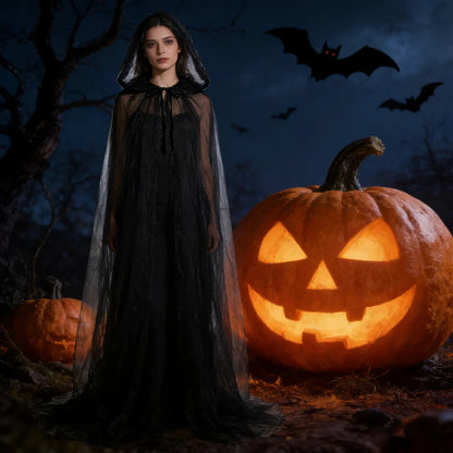 Black Bridal Shawl Witch Cosplay Cloak Halloween Cape Game Party Costume Props Holiday Dress Up Vampire Costume