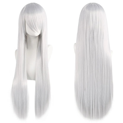 80cm Long Synthetic White Purple Cosplay Wigs Green Hair Straight Silver Wig Pink Hairpiece Lolita Wig with Bangs
