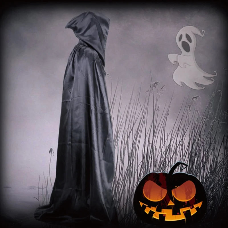 Halloween Cloak Soft Unisex Hooded Black Robe Witch Long Cape Cosplay Costume Prop Party Performance Supplies Holiday Decoration