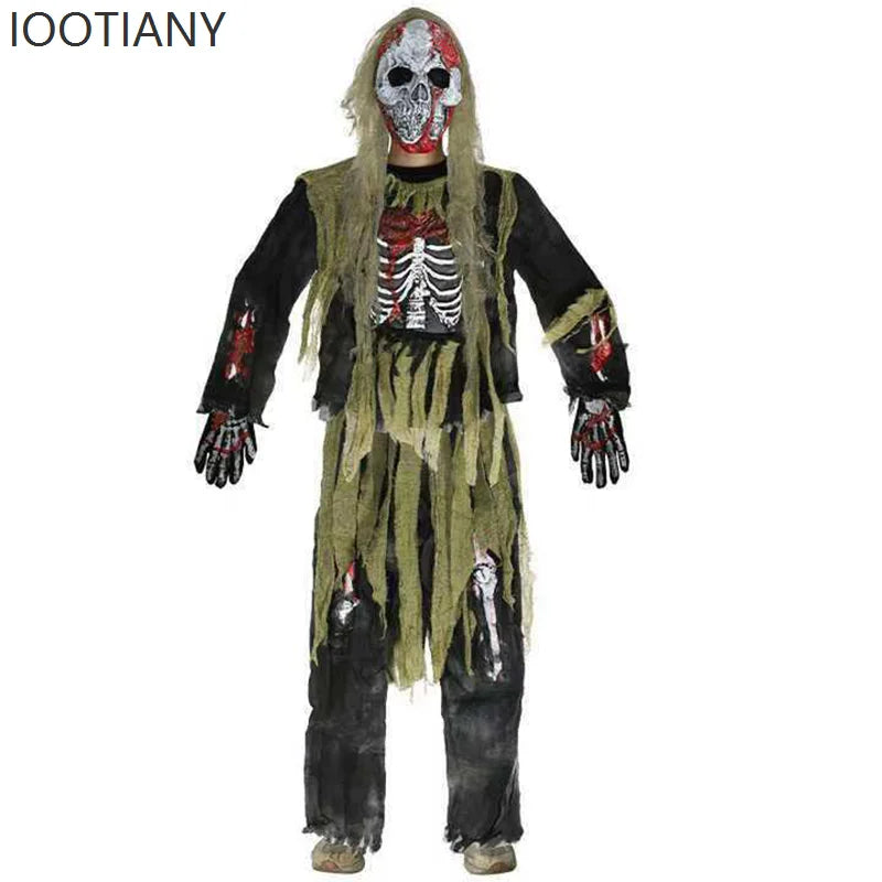 IOOTIANY 2025 New Horror Boy Burning Horror Death Halloween Costume Children Skeleton Zombie Cosplay Stage Performance Costume