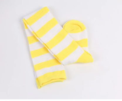 Women’s Striped Thigh High Socks – Black White Pink