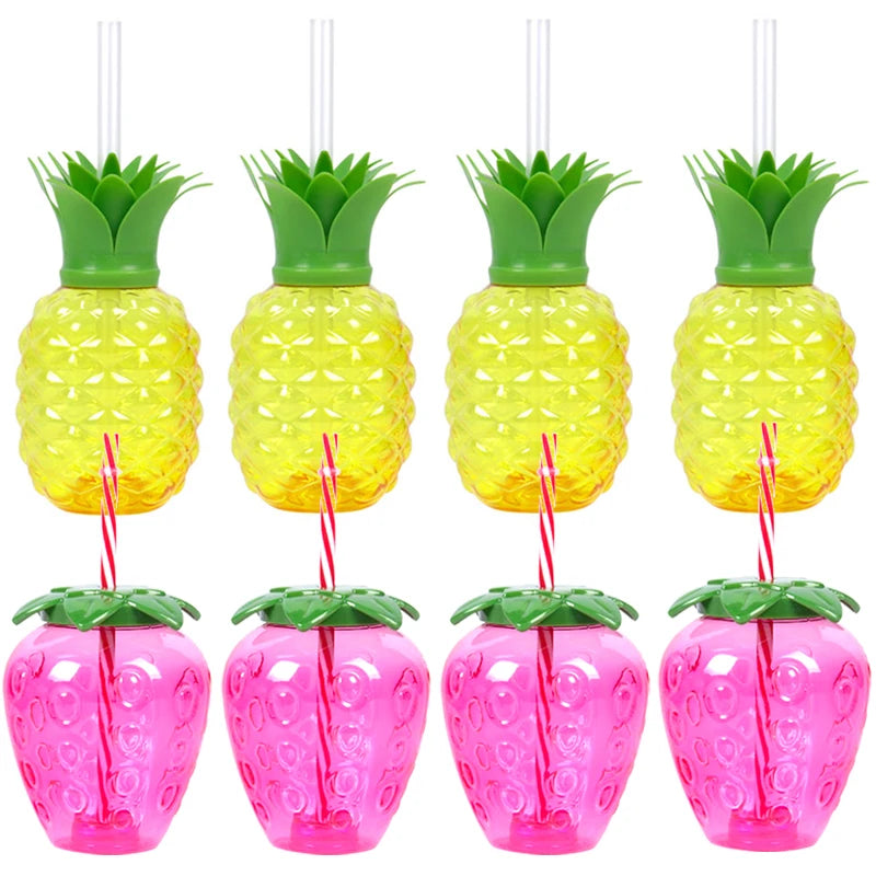 6set Tropical Pineapple Coconut Drinking Cup Juice Cups Straw Summer Luau Flamingo Birthday Beach Pool Party Hawaiian Decoration