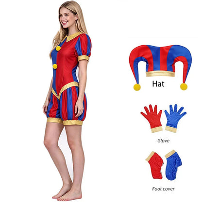 Women Red Blue Jester Costume Set Jumpsuit with  Hat Gloves Foot Covers Halloween Carnival Fancy Dress Outfits for Cosplay Comic
