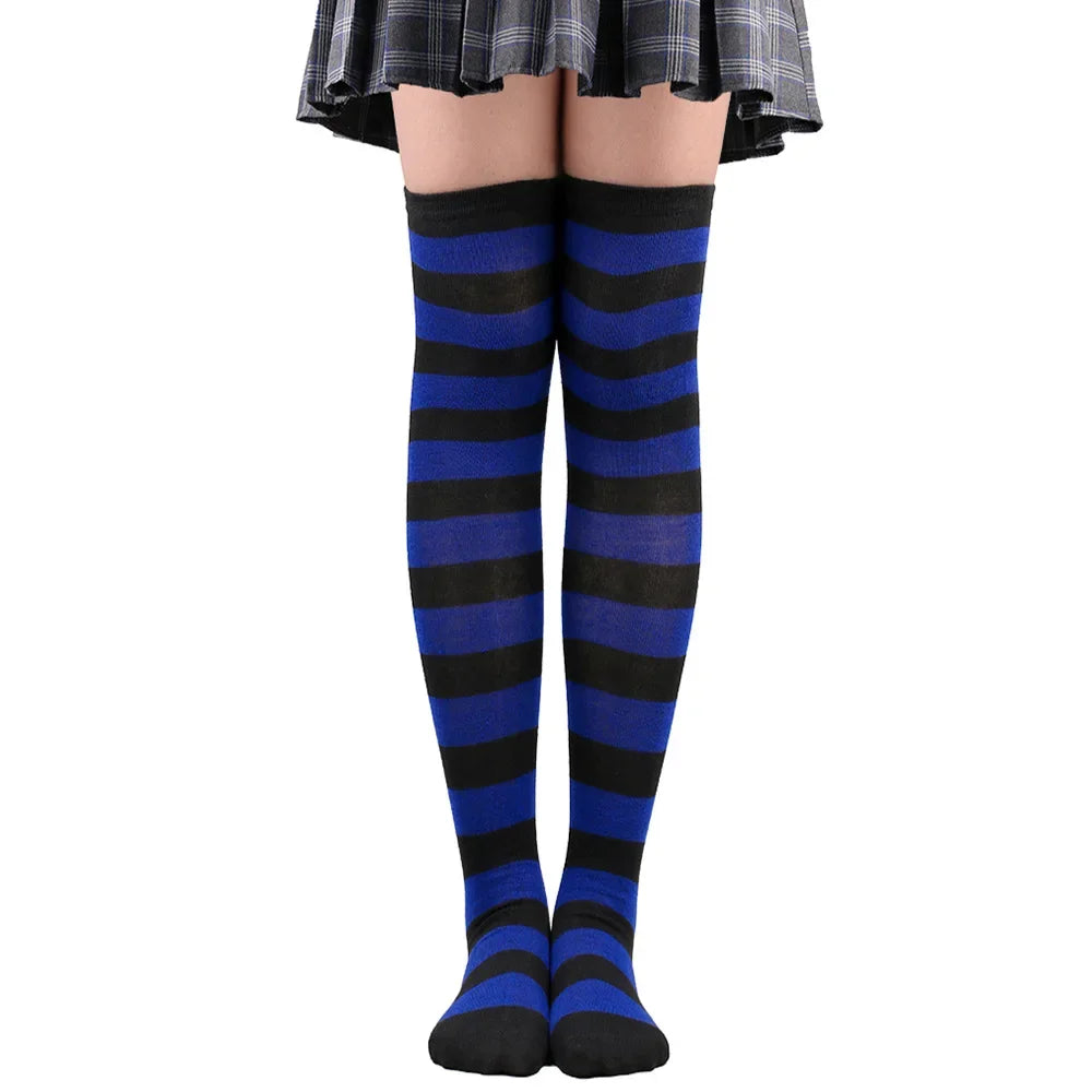 Women’s Striped Thigh High Socks – Black White Pink