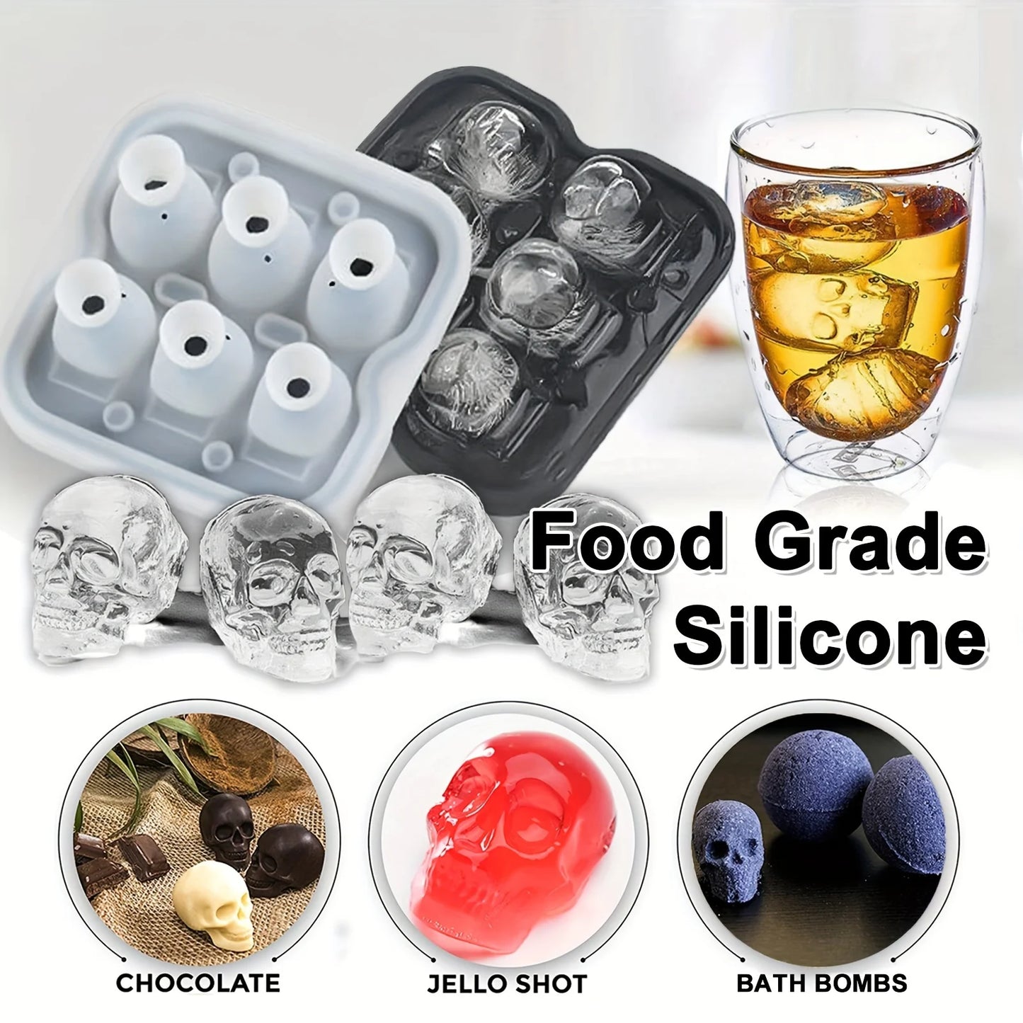Skull Ice Mold Silicone 3D Ice Cube Tray for Cocktails & Drinks