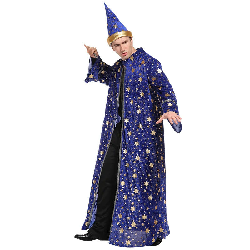 [Halloween Costume for Men and Women] Adult Wizard Cosplay Magician Performance Costume Blue Starry Robe + Pointed Hat Set Stars