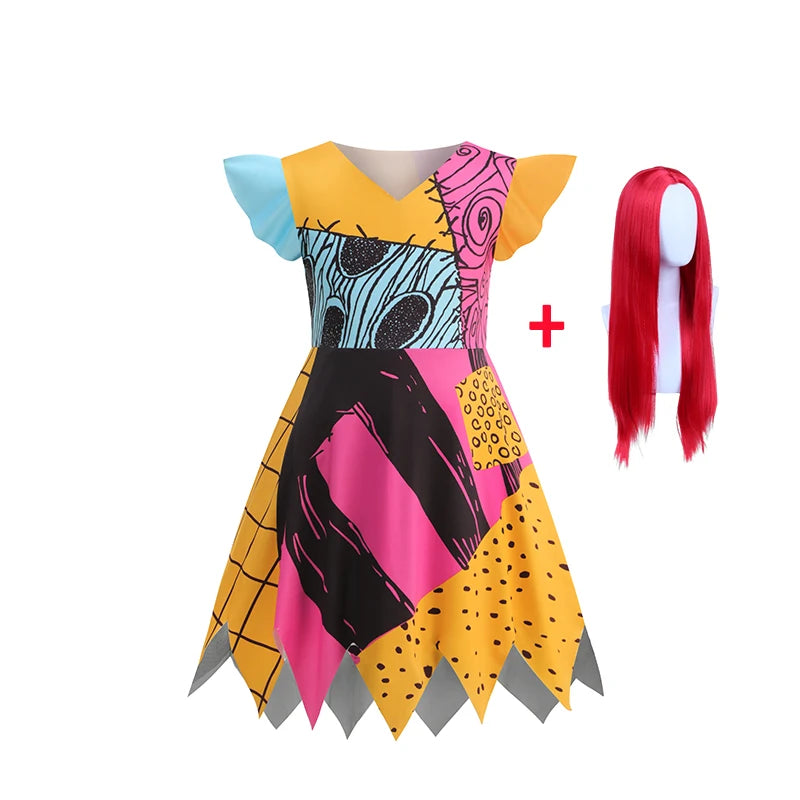 Baby Girls Patchwork Rag Doll Cosplay Dress Kids Fancy Outfit for Halloween Carnival Birthday Theme Party Role Play Dress-Up