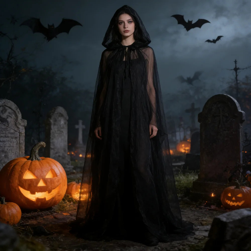 Black Bridal Shawl Witch Cosplay Cloak Halloween Cape Game Party Costume Props Holiday Dress Up Vampire Costume