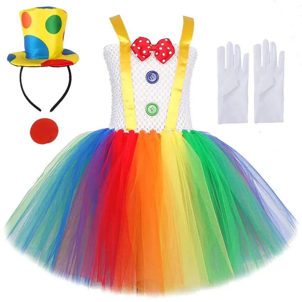 Rainbow Circus Clown Costume for Girls Halloween Fancy Tutu Dress Kids Toddler Birthday Carnival Party Outfit with Red Nose