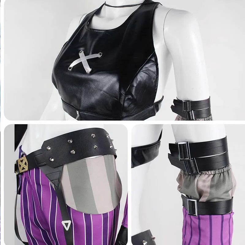 Women Purple Striped Cropped Pants Outfit Set with Gloves Stage Fancy Dress Costume for Halloween Carnival Comic-Con Cosplay