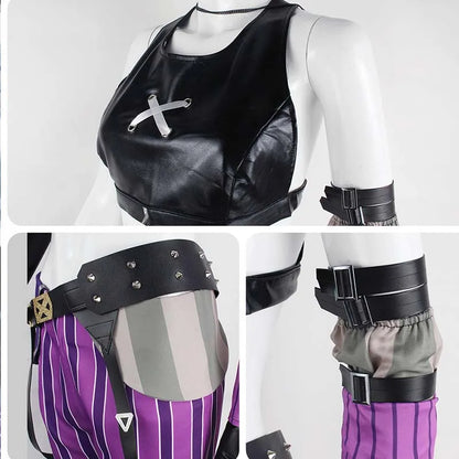 Women Purple Striped Cropped Pants Outfit Set with Gloves Stage Fancy Dress Costume for Halloween Carnival Comic-Con Cosplay