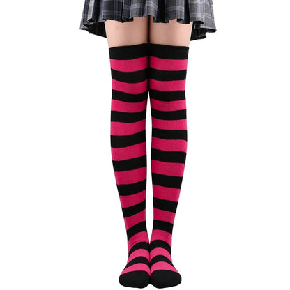 Women’s Striped Thigh High Socks – Black White Pink