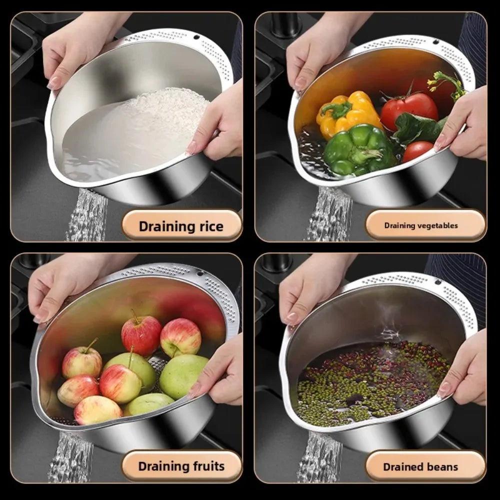 Rice Washer Bowl Stainless Steel Strainer with Side Drainers