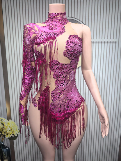 Sexy Skinny Leotard Singer Dancer Show StageWear Sparkly Blue Rhinestones Women DanceCostume Fringes One Shoulder Bodysuit  7G