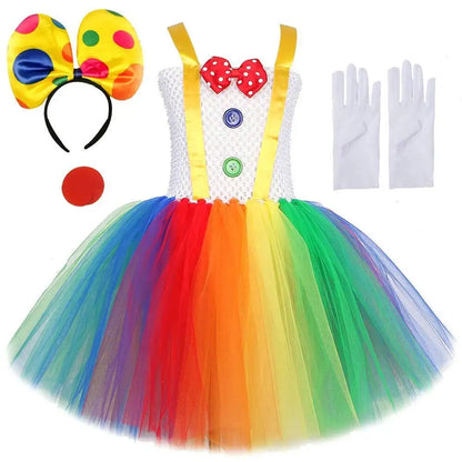Rainbow Circus Clown Costume for Girls Halloween Fancy Tutu Dress Kids Toddler Birthday Carnival Party Outfit with Red Nose