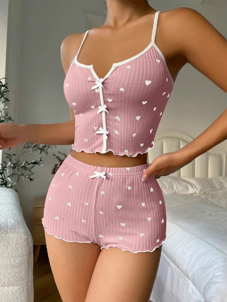 Women’s Pajama Set – Heart Print Cami & Shorts