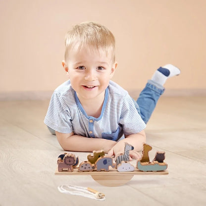 Wooden Montessori Threading Toy with Animal Beads & Balance Board