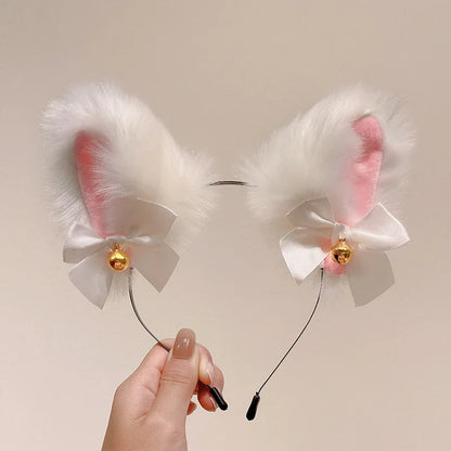 Plush Lace Cat Ears Bell Headband for Women Korean Style Elegant Fashion Girl Hair Band Party Cosplay