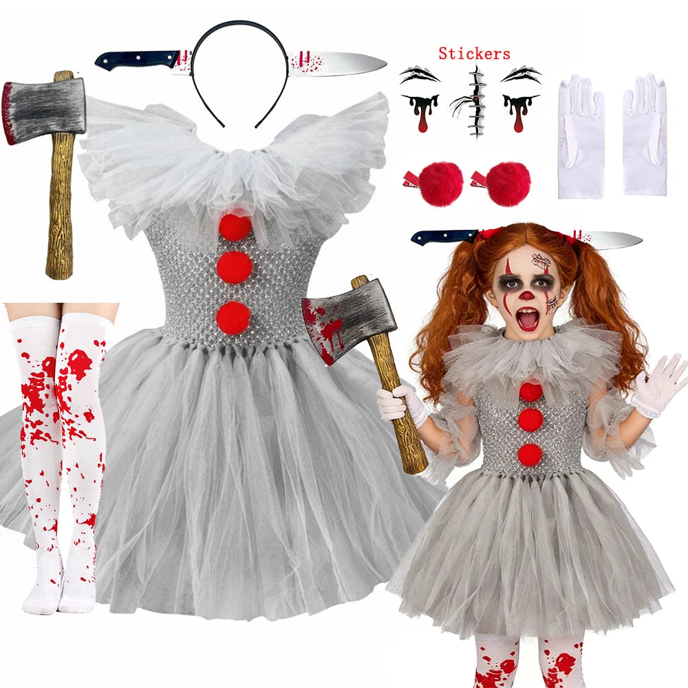 Children Halloween Joker Costumes for Baby Girls Scary Ghost Doll Killer Fancy Tutu Dress for Kids Carnival Party Horror Outfit