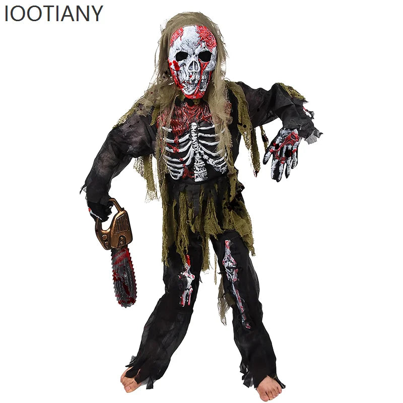 IOOTIANY 2025 New Horror Boy Burning Horror Death Halloween Costume Children Skeleton Zombie Cosplay Stage Performance Costume
