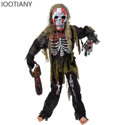 IOOTIANY 2025 New Horror Boy Burning Horror Death Halloween Costume Children Skeleton Zombie Cosplay Stage Performance Costume