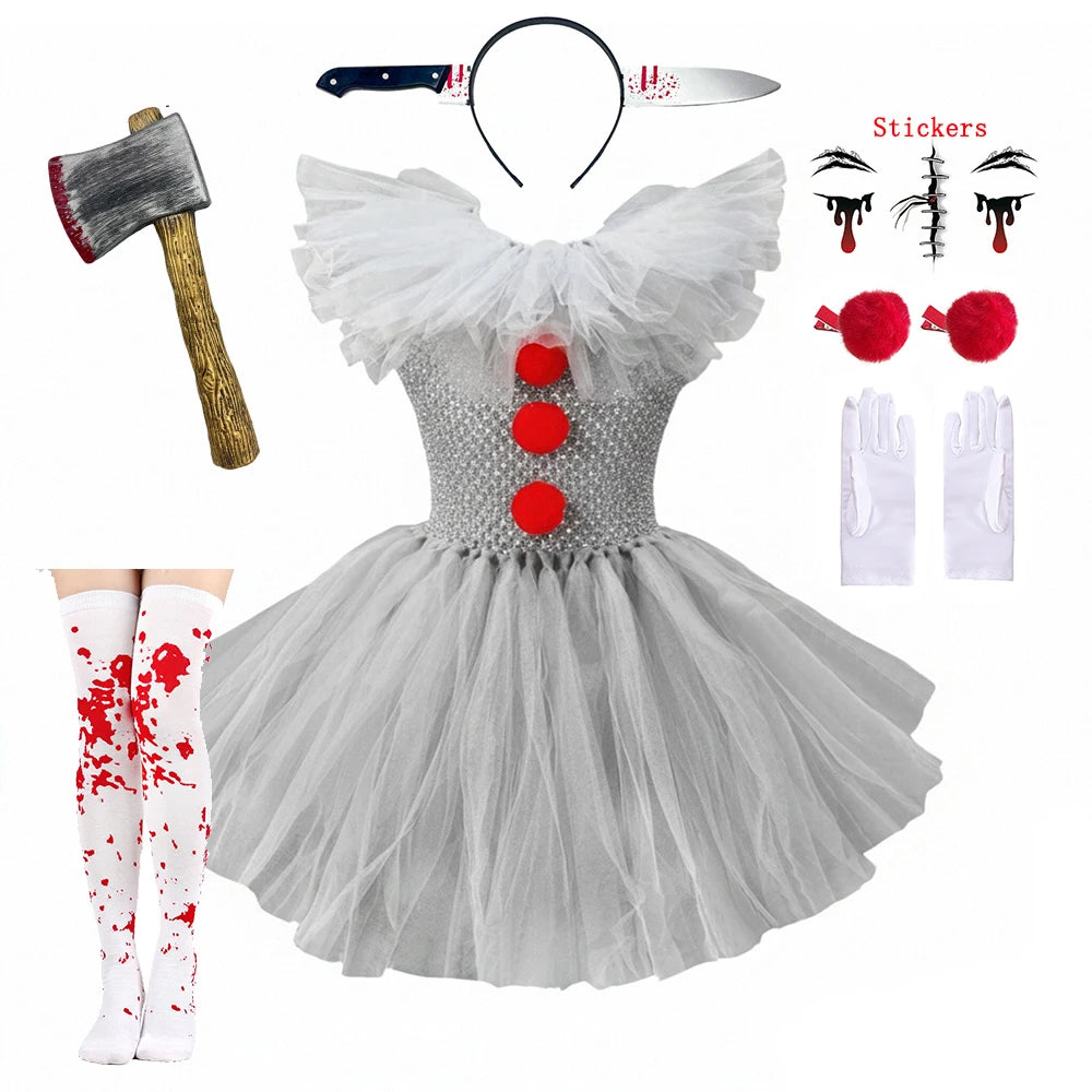 Children Halloween Joker Costumes for Baby Girls Scary Ghost Doll Killer Fancy Tutu Dress for Kids Carnival Party Horror Outfit