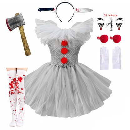 Children Halloween Joker Costumes for Baby Girls Scary Ghost Doll Killer Fancy Tutu Dress for Kids Carnival Party Horror Outfit