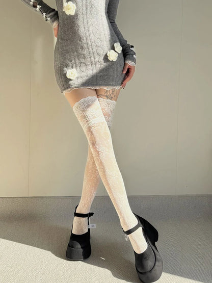 Fishnet Knee High Socks for Women – Floral Mesh Stockings
