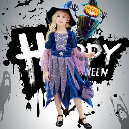 Halloween Party Costumes Witch Dress for Girls Kids Cosplay Carnival Witch Costume Pumpkin Dress Up With Bag Hat Wand Clothing