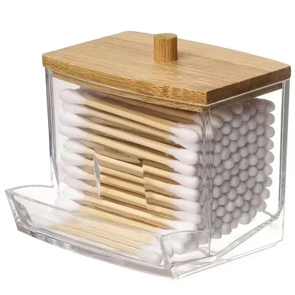 Cotton Swab Storage Box with Bamboo Cover, Clear Cotton Bud Organizer