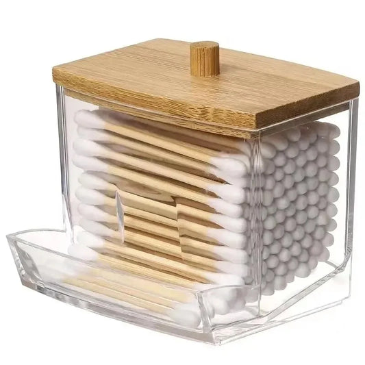 Cotton Swab Storage Box with Bamboo Cover, Clear Cotton Bud Organizer