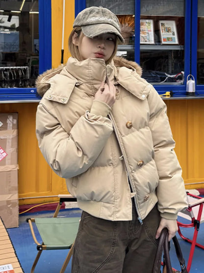 Autumn Winter Fur Hooded Jacket Women Outerwear Thick Dowon Cotton Padded Slim Short Parkas Female Cropped Puffer Bubble Coat