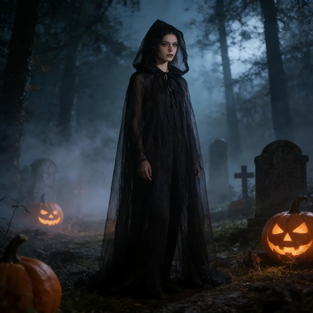 Black Bridal Shawl Witch Cosplay Cloak Halloween Cape Game Party Costume Props Holiday Dress Up Vampire Costume